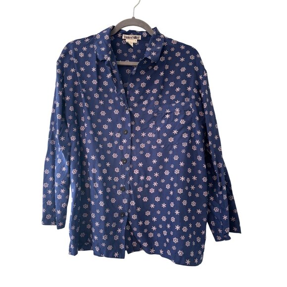 WinterSilks Womens Snowflake Pattern Button-Up Shirt M 100% Silk Navy Blue - Picture 1 of 9